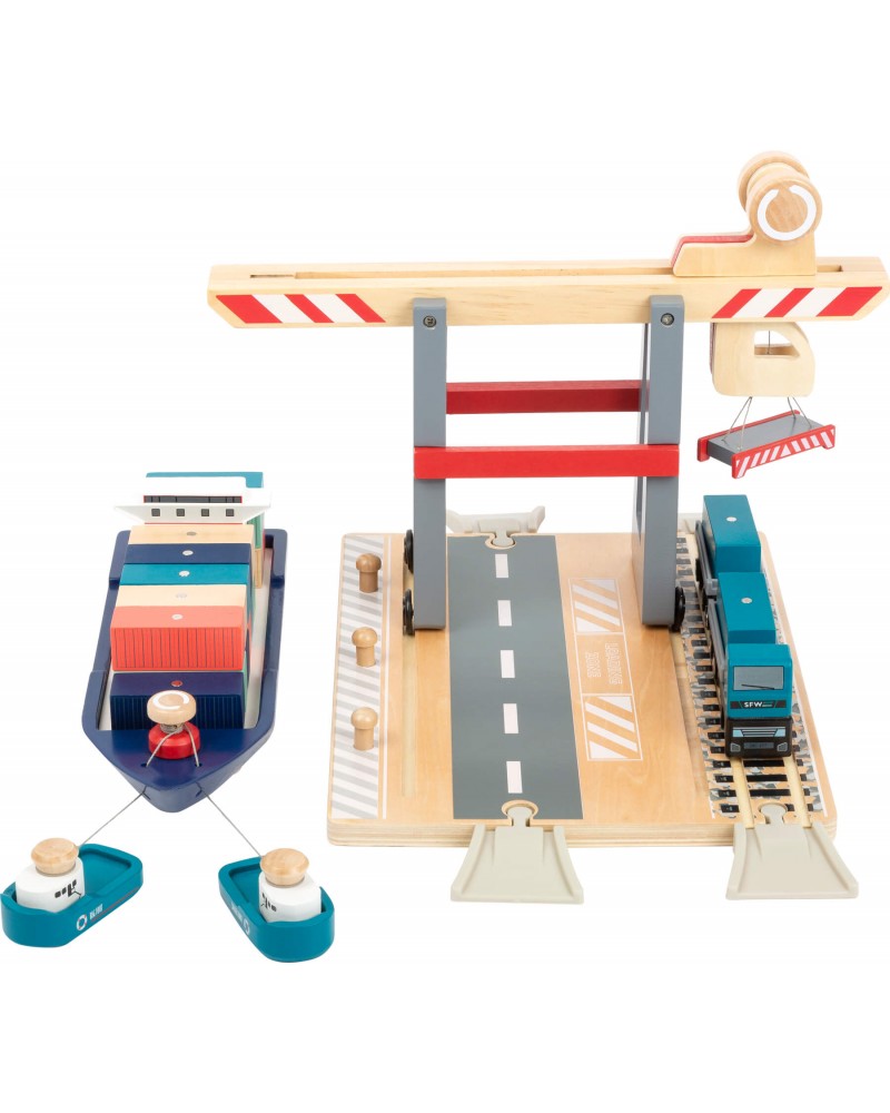 Small Foot 11378 Terminal à Conteneurs En Bois, Avec Portique De Ma Mobile Et Accessoires A Partir De 3 Ans Jouets Amz B