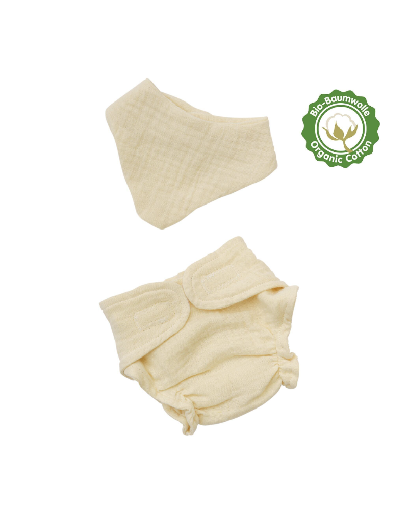 Ensemble couche lavable et bavoir en coton bio pour poupée 35-45 cm Ensemble couche lavable et bavoir en coton bio pour poupée 35-45 cm