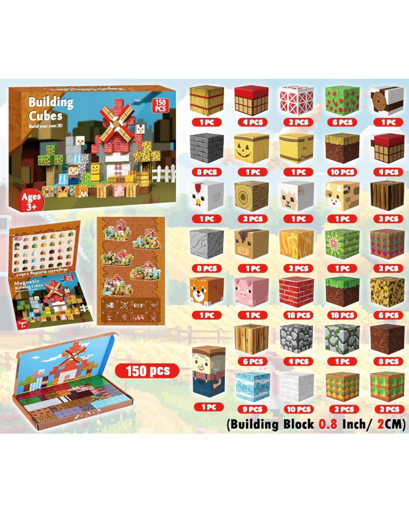 150 blocs de construction aimantés Thème ferme2 cm